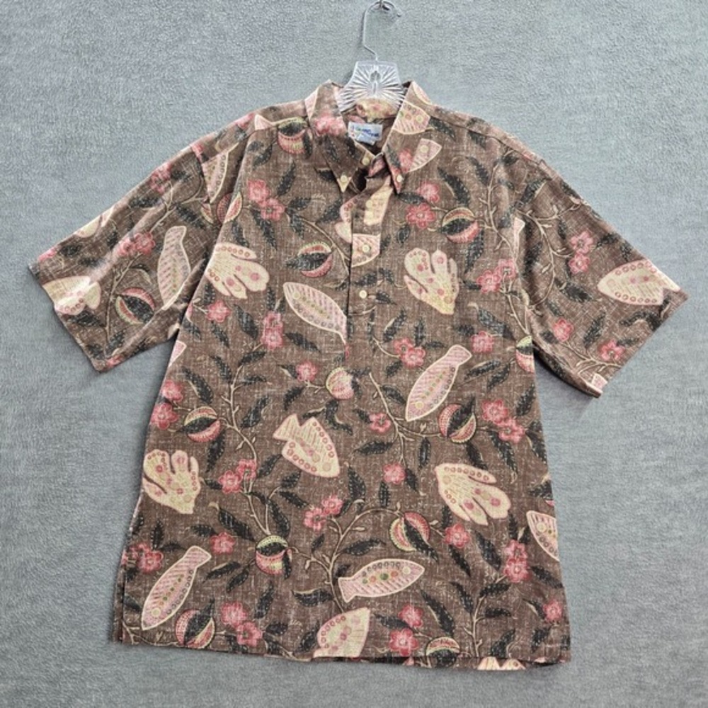 Reyn Spooner Men‎ Polo Shirt XL Brown Floral Hawaiian Short Sleeve Cotton Collar